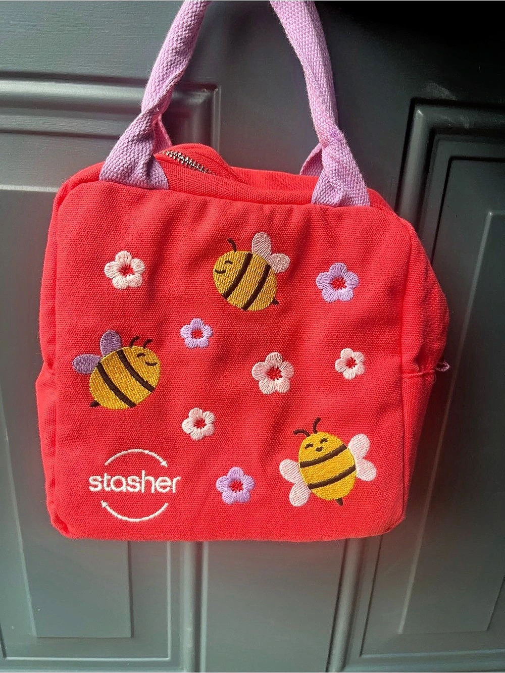 Stasher Bee Print Tote in Red & Purple Like New
